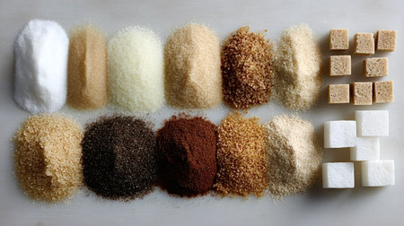 Sugar varieties displaying a range of colors and textures from white granulated to brown raw sugar, including cubes, presenting options for sweetening food and beveragesの写真素材