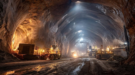 Heavy machinery operates in an underground mine tunnel, illuminating the rocky excavation site during ongoing industrial construction and mineral extractionの写真素材