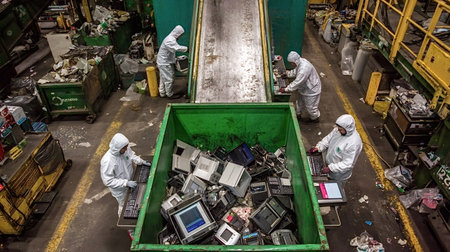 Workers in protective suits sorting electronic scrap into large bins on a conveyor line for...