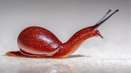 Red brown slug with shiny, slimy skin and extended antennae crawling slowly across a light textured surface, showcasing vibrant color, fine texture, and close up detailの写真素材