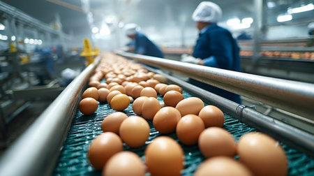 Eggs are automatically processing on a production line with workers in the background, ensuring...