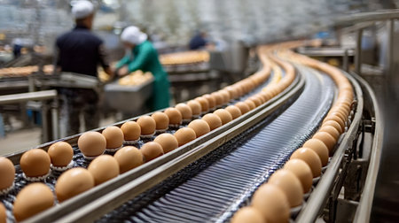 Brown eggs moving on a continuous conveyor belt inside a busy food production facility with workers operating machinery in the background, showing modern automation and sorting processesの写真素材