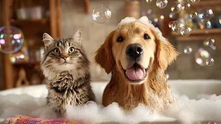 Friendly golden retriever dog and fluffy tabby cat enjoying a bubble bath in a tub, covered in suds and surrounded by floating soap bubbles, depicting pet care and companionshipの写真素材
