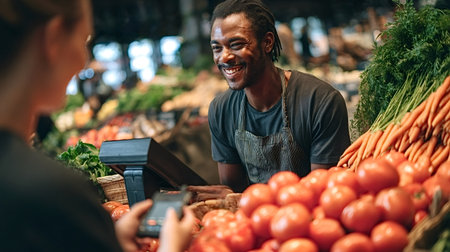 Smiling african american vendor interacting with a customer at a vibrant indoor market, offering organic vegetables and local produce, presenting a cheerful and healthy shopping experienceの写真素材