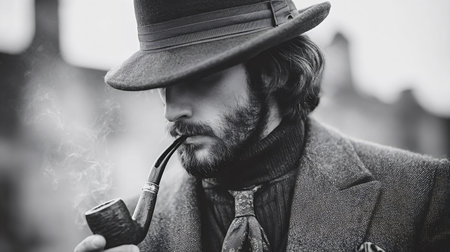 Bearded man wearing a fedora hat and tweed jacket, looking down while smoking a pipe with smoke gently rising, creating a classic vintage portrait in black and whiteの写真素材