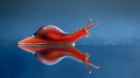 Red slug gliding on a reflective surface, creating a mirror image, showcasing its elongated body and sensory tentacles in a detailed macro view against a blue backgroundの写真素材