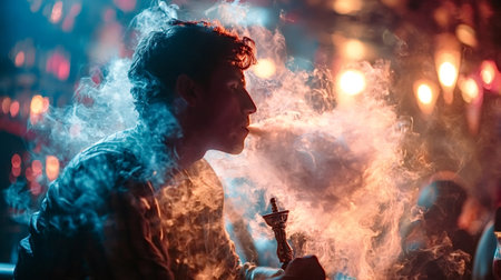 Young man enjoying a shisha pipe session at night, exhaling thick smoke into the colorful ambient lighting of a bar, creating an atmospheric and relaxed sceneの写真素材