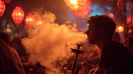 Young man exhales thick orange hookah smoke while relaxing in a vibrant lounge with glowing lanterns and warm ambient lighting, nightlife atmosphere and chill vibeの写真素材