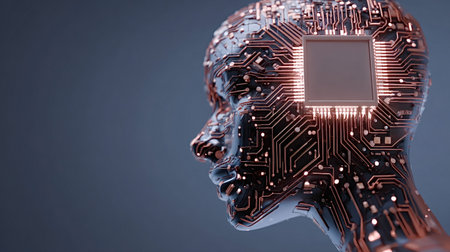 Human head as a futuristic cyborg profile with circuit board patterns and a glowing microprocessor, symbolizing advanced ai, digital brain, neural networks and connectivityの写真素材