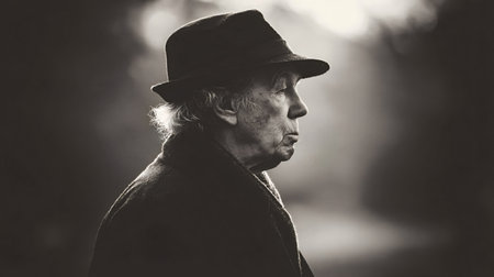 Elderly man wearing a fedora and coat, shown in profile with thoughtful expression, representing wisdom, experience, and the passage of time in a black and white portraitの写真素材
