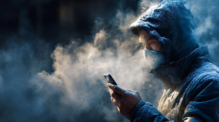 Man in a hooded jacket and protective mask using a smartphone while standing amidst a cloud of illuminated dust. Smoke. Or environmental particles. Representing air quality concerns and climate changeの写真素材