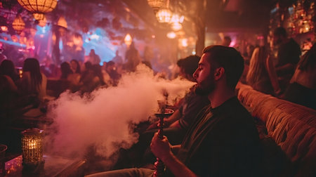 Young man relaxing and exhaling white smoke from a modern shisha, enjoying the vibrant, dimly lit...
