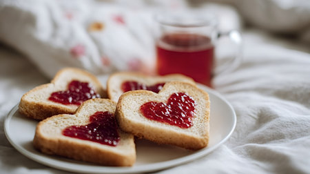 Plates of heart shaped toast topped with sweet red jam alongside a glass of tea, representing love...
