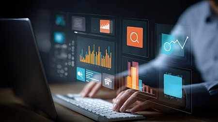 Business professional interacting with a holographic dashboard of charts, graphs and analytics,...