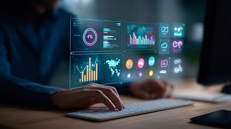 Business professional interacting with virtual touchscreen of charts, graphs and app icons,...