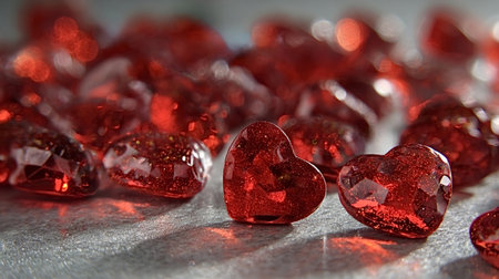 Red shimmering heart shaped crystals filled with glitter, reflecting light and creating bokeh on a textured silver surface, symbolizing passion and valentine's dayの写真素材