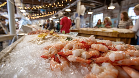 Delicious fresh raw shrimp and other seafood displaying on ice at a market stall, with blurred people shopping in the background, showing a bustling market environment