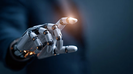 Robot hand with glowing fingertip reaching out, representing advanced artificial intelligence, technology innovation, and the future of automation in a digital worldの写真素材