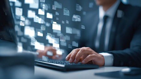 Businessman's hands typing on a keyboard while digital files and folders float above, representing...