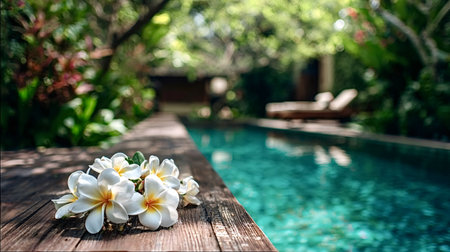 Frangipani flowers lying on a weathered wooden pool deck, creating a serene and inviting atmosphere...
