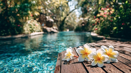 Frangipani flowers resting on a wooden deck next to a clear blue swimming pool in a lush tropical resort, evoking concepts of relaxation, vacation, and serene escapesの写真素材