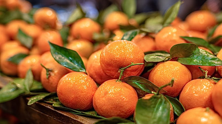 Ripe tangerines, complete with vibrant green leaves from a recent harvest, creating a colorful and...