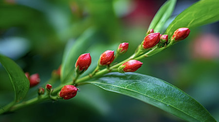 Red flower buds on a green stem signaling new growth and springtime vitality, close up macro detail with soft bokeh background highlighting delicate emerging bloomsの写真素材