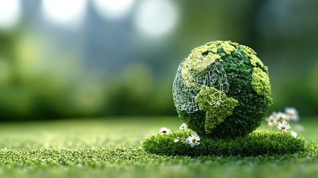 Green earth globe featuring a digital circuit map design, resting on lush fresh moss and grass...