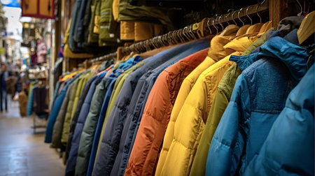 Row of colorful jackets on metal hangers in a casual retail store, showcasing a varied outerwear collection and seasonal choices for shoppers browsing the clothing rackの写真素材