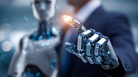Human hand in a suit jacket touching a futuristic glowing robot finger, symbolizing the integration of artificial intelligence and advanced technology in business and future innovationの写真素材