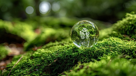 Crystal ball resting on vibrant green moss in a forest, reflecting an eco friendly recycling symbol inside, symbolizing environmental protection, nature conservation, and a sustainable futureの写真素材