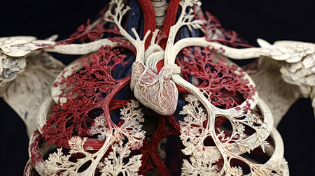 Human heart and lungs crafted from intricate paper quilling illustrate the complex circulatory and...