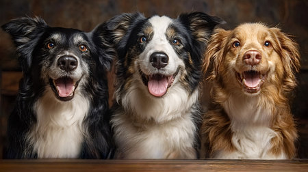 Three border collies side by side in a studio portrait, mouths open and tongues out, showing joyful,...