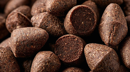 Small brown organic pet food pellets offering complete and balanced nutrition for animals, presented...