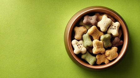 Dog treats including various bone shaped biscuits and kibble filling a metal bowl, providing...