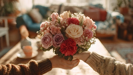 Hands exchanging a vibrant flower bouquet, featuring roses and carnations, in a cozy sunlit home,...