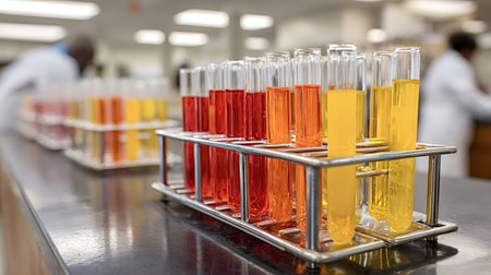 Test tubes containing various colored liquid samples in racks, ready for analysis and...