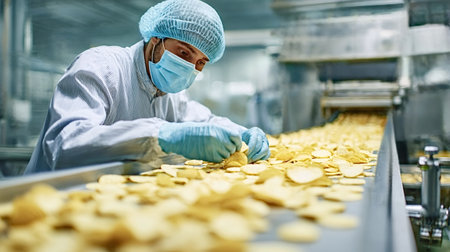 Worker in mask, gloves and hairnet inspects freshly made potato chips on a conveyor belt in a snack...
