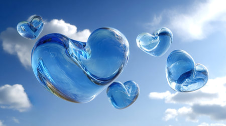 Blue glass heart shapes float against a bright sky with white clouds, reflecting light and suggesting love, purity, freedom, serenity and dreamy romantic hopeの写真素材