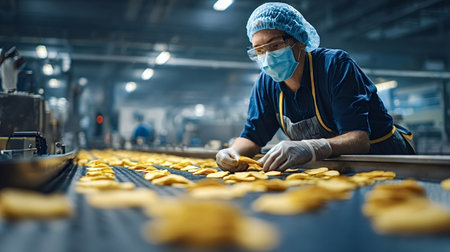 Factory worker in protective face mask, hairnet, and gloves performing quality control on potato chips moving along a conveyor belt in a snack food manufacturing facilityの写真素材