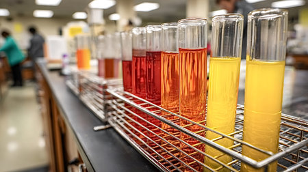 Row of glass test tubes containing vibrant red, orange, and yellow solutions stands in a metal rack...