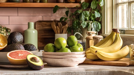 Varied fruits including ripe avocados, vibrant limes, yellow bananas, and sliced citrus, arranged on...