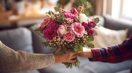 Hands of two people exchanging a vibrant bouquet of pink and purple flowers, symbolizing love, celebration, and giving a thoughtful gift for a romantic occasion indoorsの写真素材