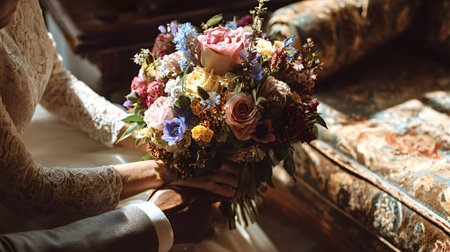 Bride wearing a lace wedding dress while exchanging a colorful bridal bouquet with the groom, symbolizing love, celebration, and romance during their special dayの写真素材