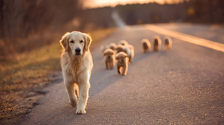 Golden retriever dog walking forward, leading a group of puppies following closely behind on a...