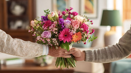 Elderly hands exchanging a colorful bouquet of fresh flowers, symbolizing concepts of gratitude, love, kindness, anniversary, and celebration in a warm home interior settingの写真素材