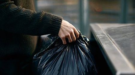 Person's hand gripping a black plastic trash bag, placing waste into a refuse container, symbolizing environmental responsibility and proper waste management practicesの写真素材
