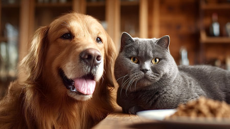 Golden retriever dog and a british shorthair cat are sitting together near a plate of pet food,...