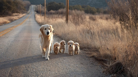 Golden retriever mother dog walking with her four adorable puppies along a rural asphalt road, symbolizing family, journey, and new adventures togetherの写真素材