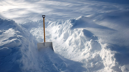 Shovel stands in a cleared path surrounded by untouched deep snow, with strong sunlight casting dynamic shadows across the pristine white winter landscape, highlighting the effort of snow removalの写真素材